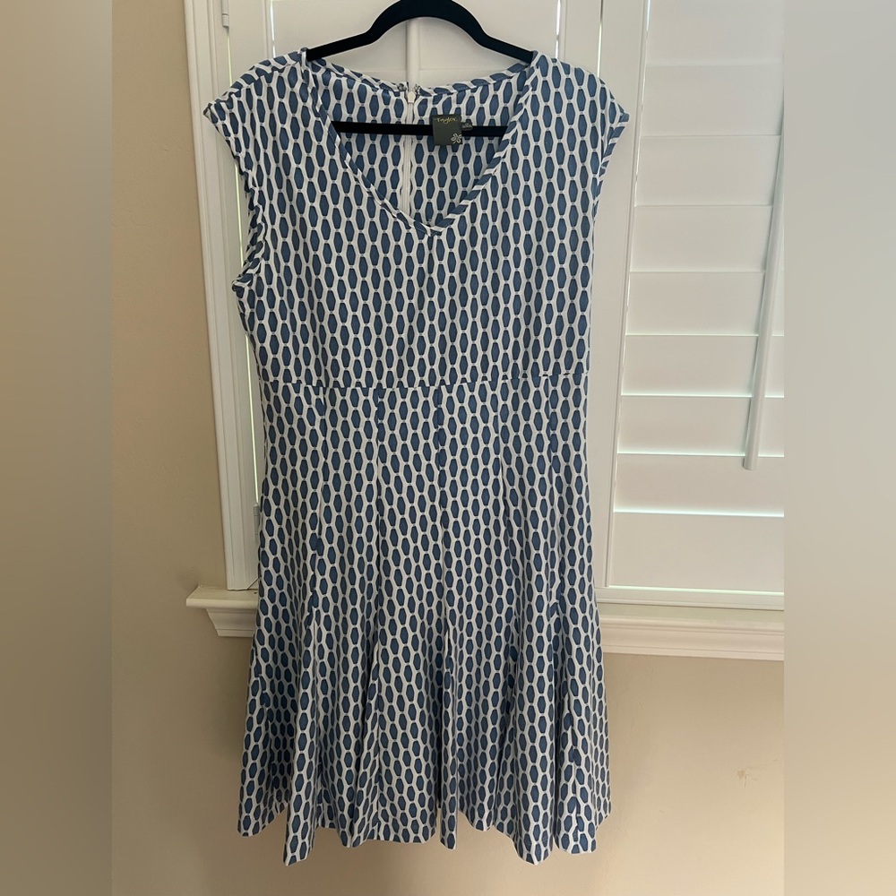 Taylor Blue and White Geometric Midi Dress